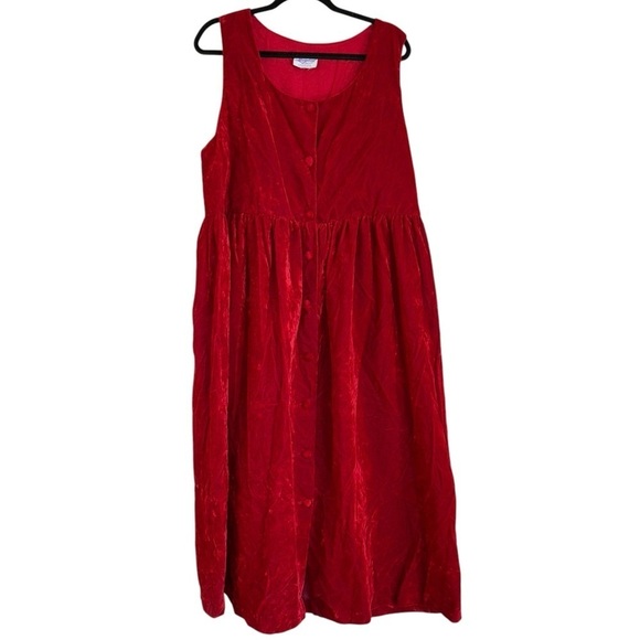 Storybook Red Velvet 90’s Midi Dress Women’s L Button up Cottage Lagenlook Fairy - Picture 1 of 16